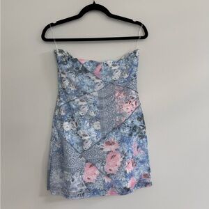 Altar'd State Strapless Floral patchwork Mini Dress in Blue and Pink